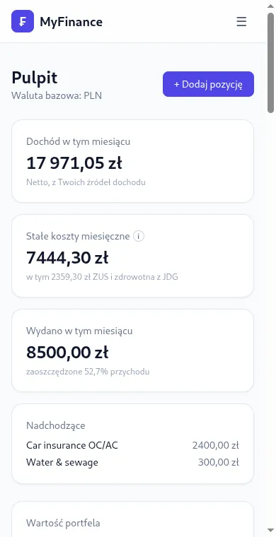 Pulpit MyFinance na telefonie; menu pod ikoną w prawym górnym rogu