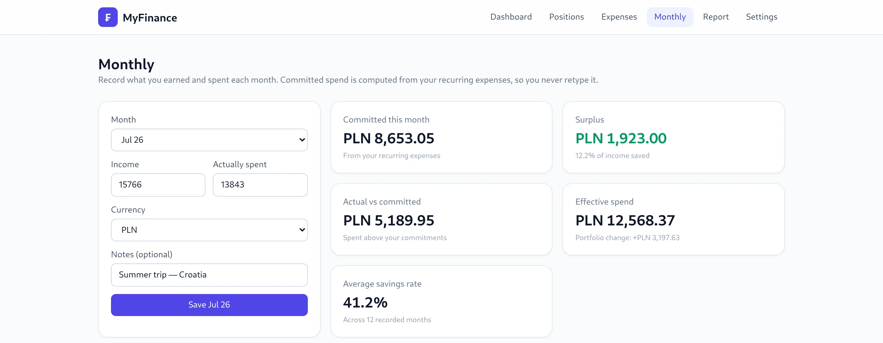 Monthly page for July 2026 showing income, actual spend, committed spend, surplus and effective spend