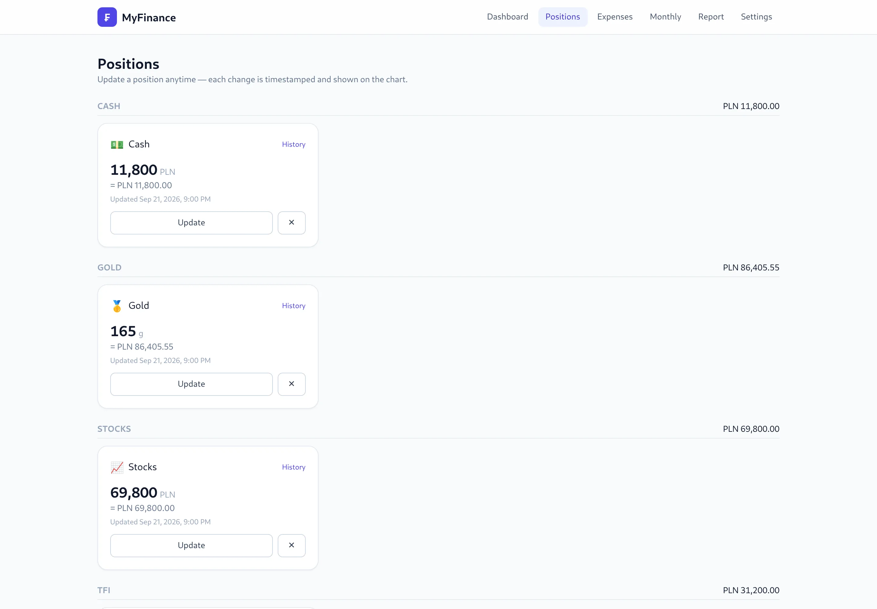 Positions page listing cash, gold in grams, stocks, funds and bonds, each with Update and History