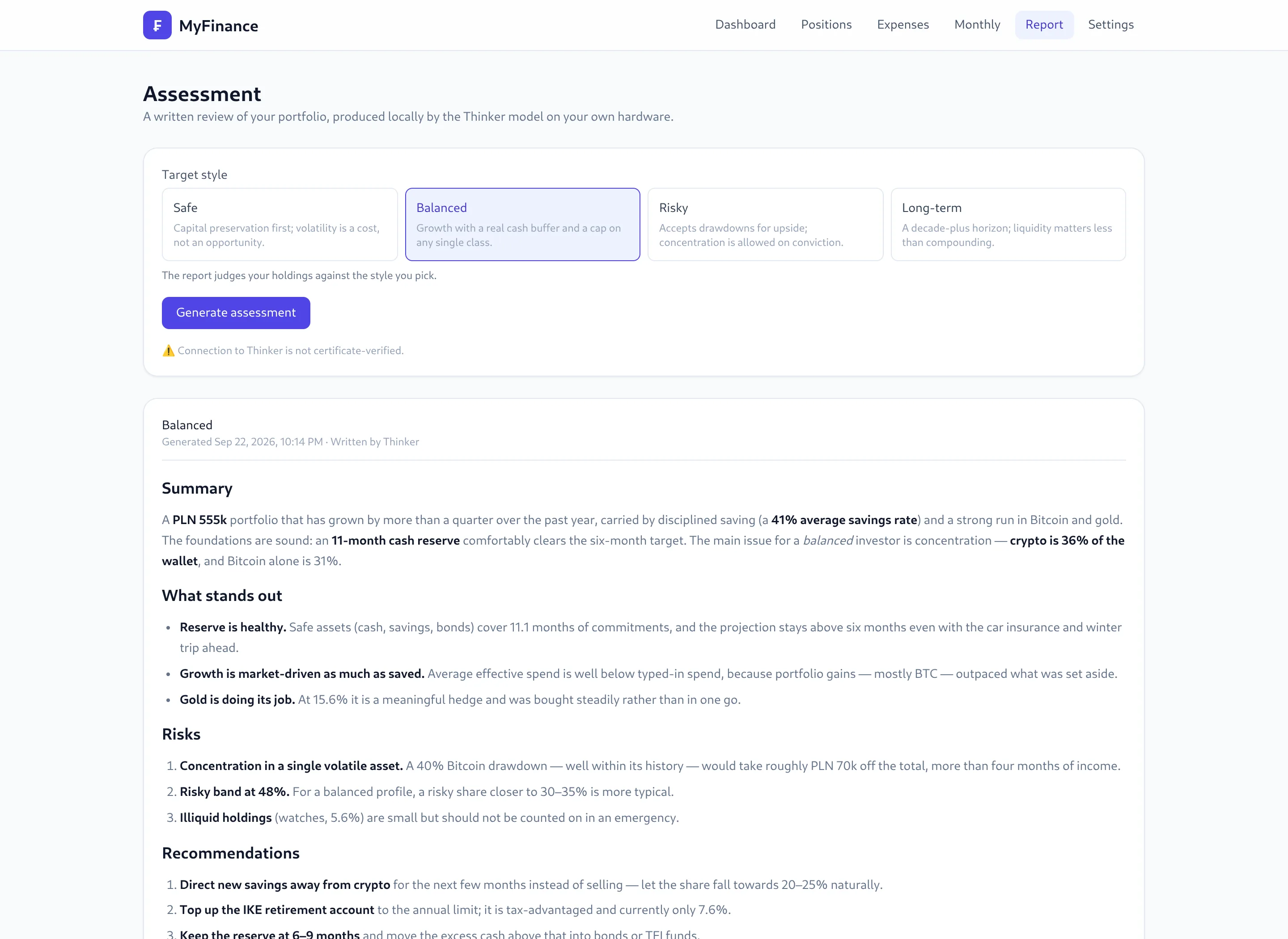Assessment page with a style picker and a written review: summary, risks and recommendations